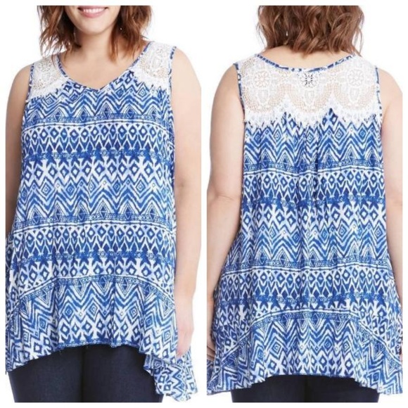 Karen Kane Women's Plus 1X 2X Blue Ikat Lace Yoke Sleeveless Tunic Top Boho NWT - Picture 1 of 9